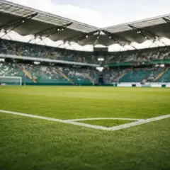 Pusta trybuna stadionu, zielona murawa i bramka. Atmosfera przed decydującym meczem baraże o ekstraklasę.