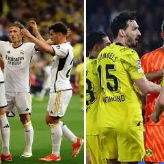 Piłkarze Realu Madryt w białych strojach i Borussii Dortmund w żółtych, w emocjach po meczu.