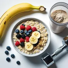 Owsianka z owocami, banan, odżywka białkowa i hantle.