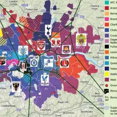 Mapa Londynu z zaznaczonymi terytoriami kibiców klubów piłkarskich. Widać tu m.in. Arsenal, Chelsea, Tottenham, West Ham.