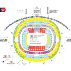 Mapa stadionu Wembley z zaznaczonymi sektorami i cenami biletów.