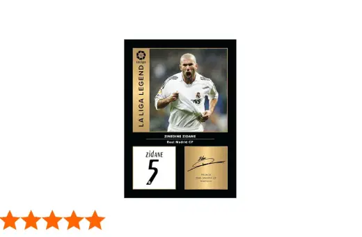 Zinedine Zidane, jedna z legend Realu Madryt, na karcie La Liga Legend. Widoczny numer 5 i podpis.