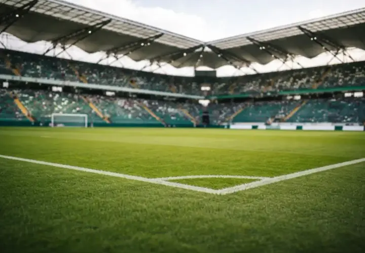 Pusta trybuna stadionu, gotowa na mecz rewanżowy. Zielona murawa i białe linie boiska czekają na emocje.