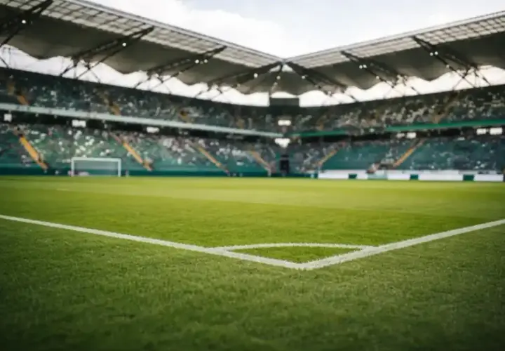 Pusta trybuna stadionu, zielona murawa i bramka. Atmosfera przed decydującym meczem baraże o ekstraklasę.