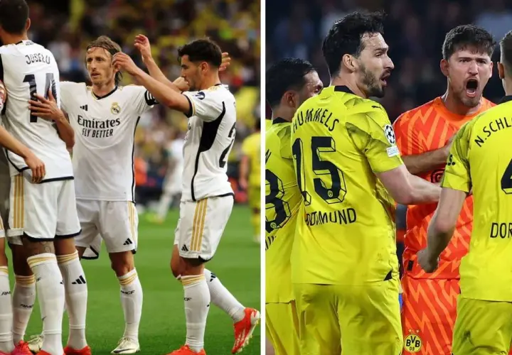 Piłkarze Realu Madryt w białych strojach i Borussii Dortmund w żółtych, w emocjach po meczu.