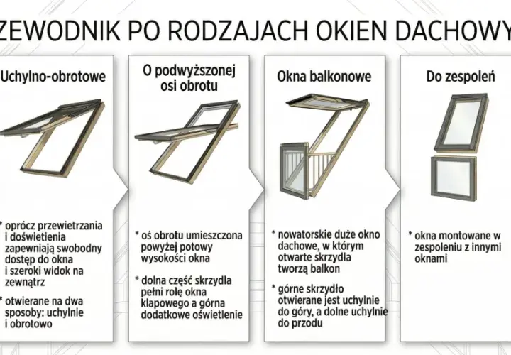 Przewodnik po oknach dachowych: obrotowe, uchylno-obrotowe, z podwyższoną osią obrotu, balkonowe, do zespoleń, wyłazowe. Każdy typ okna transferowego ma swoje unikalne cechy.