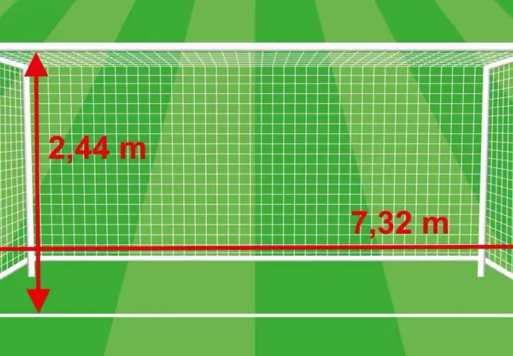 Standardowe wymiary bramki piłkarskiej: wysokość 2,44 m, szerokość 7,32 m.
