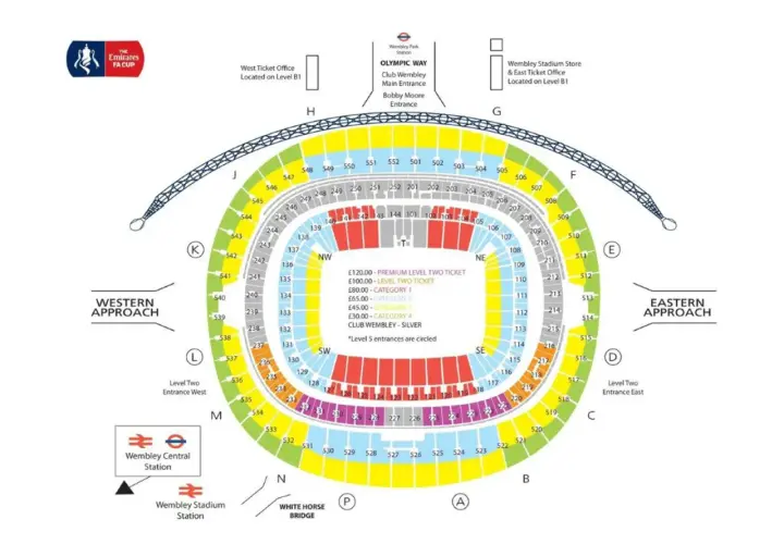 Mapa stadionu Wembley z zaznaczonymi sektorami i cenami biletów.