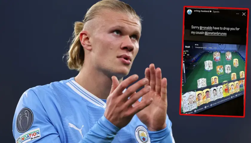 Erling Haaland w koszulce Manchesteru City, obok zrzut ekranu z gry FIFA, gdzie usuwa Ronaldo ze składu dla kuzyna.