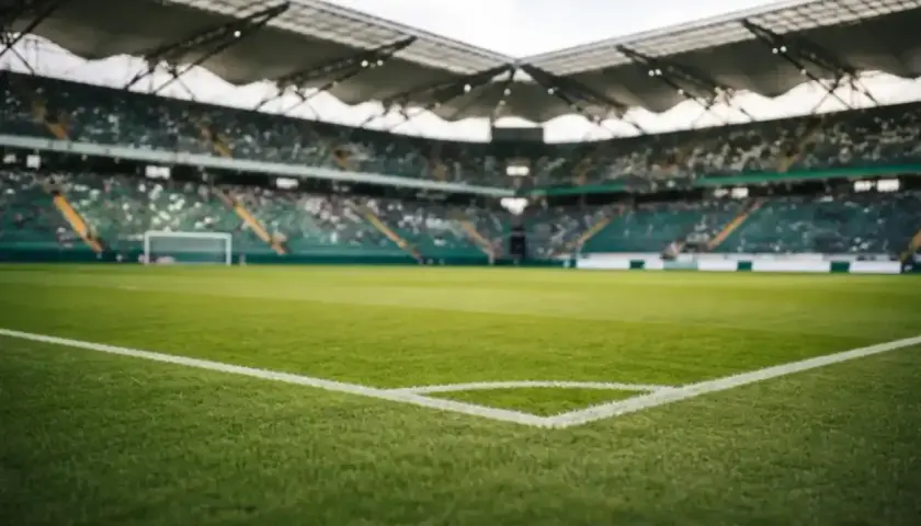 Pusta trybuna stadionu, zielona murawa i bramka. Atmosfera przed decydującym meczem baraże o ekstraklasę.