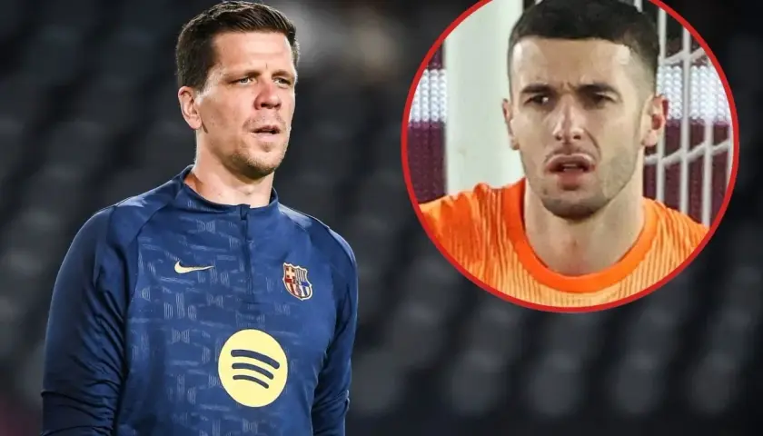 Bramkarz Barcelony w niebieskiej bluzie z logo Nike i Spotify. W okręgu widać jego twarz w pomarańczowej koszulce.