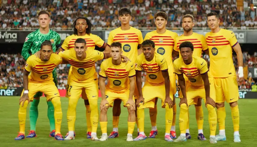 Drużyna FC Barcelona w żółtych strojach, z kapitanem na czele, pozuje do zdjęcia na tle trybun.