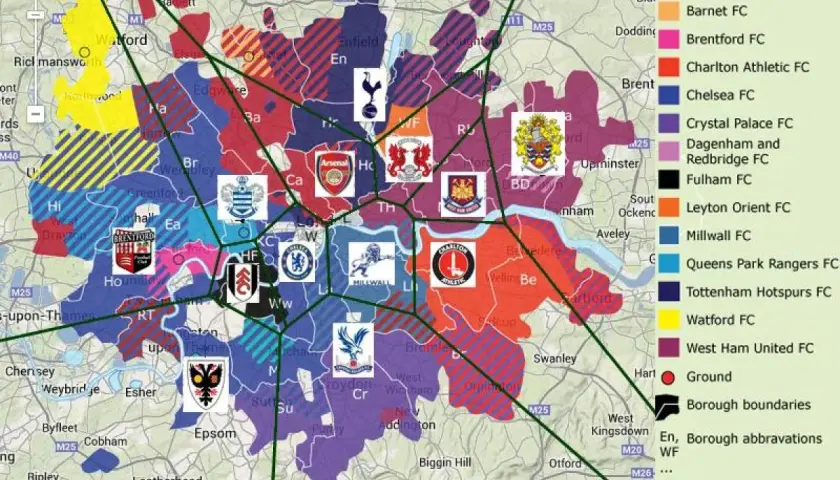 Mapa Londynu z zaznaczonymi terytoriami kibiców klubów piłkarskich. Widać tu m.in. Arsenal, Chelsea, Tottenham, West Ham.