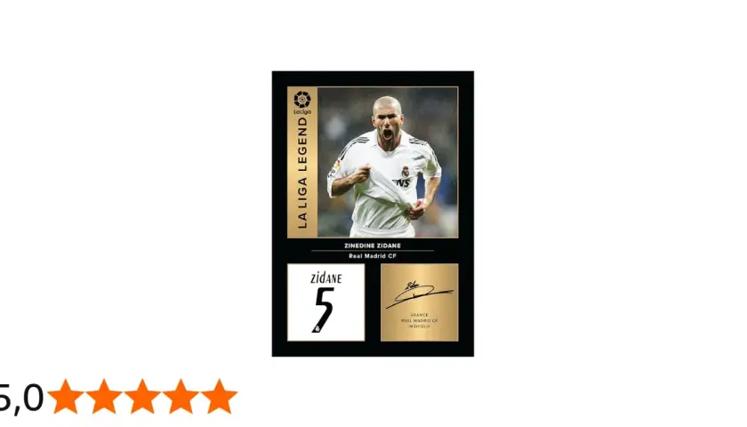 Zinedine Zidane, jedna z legend Realu Madryt, na karcie La Liga Legend. Widoczny numer 5 i podpis.