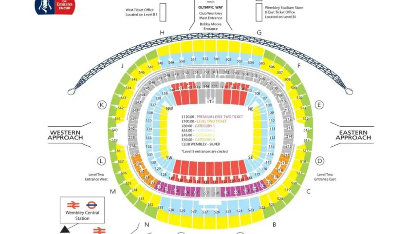 Mapa stadionu Wembley z zaznaczonymi sektorami i cenami biletów.