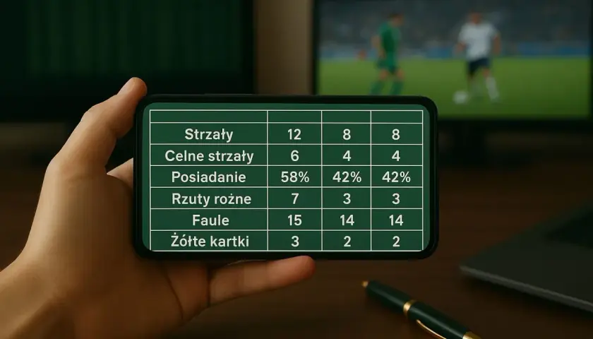 Tabela statystyk meczowych, przypominająca ligę holenderską, wyświetlana na ekranie telefonu.