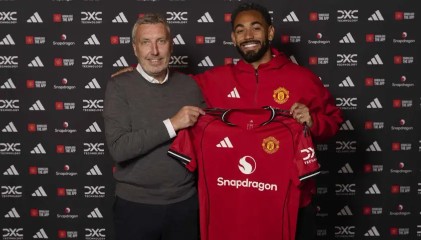 Dwóch mężczyzn prezentuje czerwoną koszulkę Manchester United. To ważny moment dla manchester united transfery.