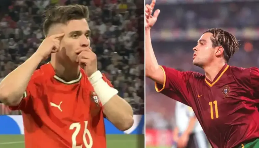 Dwóch piłkarzy Portugalii w czerwonych strojach. Jeden z nich, młodszy, z numerem 26, gestykuluje, przypominając o golu. Obok starszy, z numerem 11, w stylu Conceição.