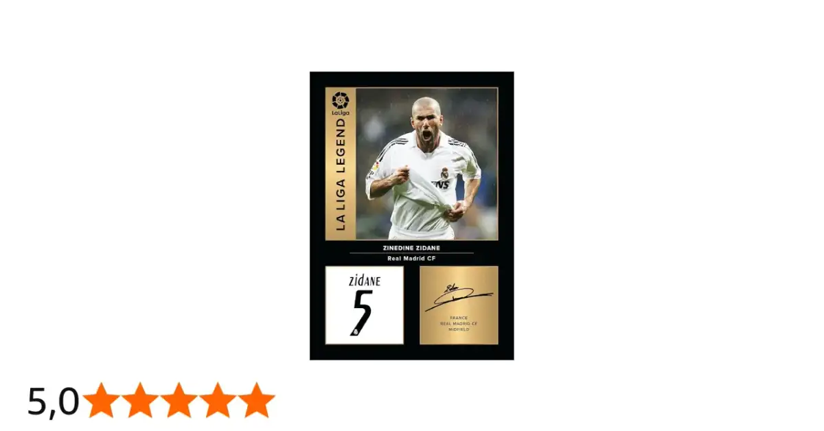 Zinedine Zidane, jedna z legend Realu Madryt, na karcie La Liga Legend. Widoczny numer 5 i podpis.