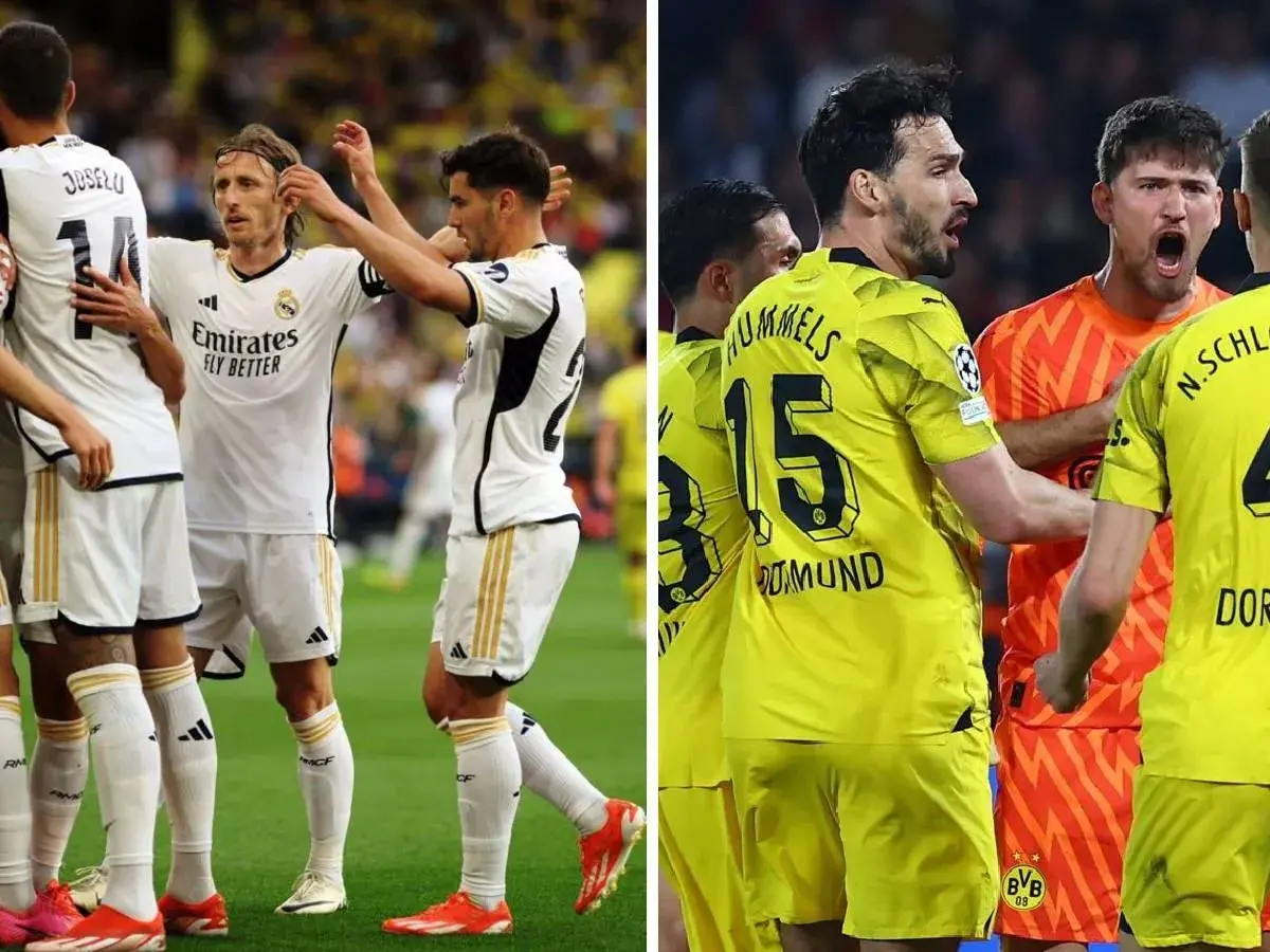 Piłkarze Realu Madryt w białych strojach i Borussii Dortmund w żółtych, w emocjach po meczu.