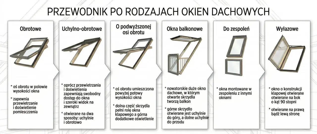 Przewodnik po oknach dachowych: obrotowe, uchylno-obrotowe, z podwyższoną osią obrotu, balkonowe, do zespoleń, wyłazowe. Każdy typ okna transferowego ma swoje unikalne cechy.