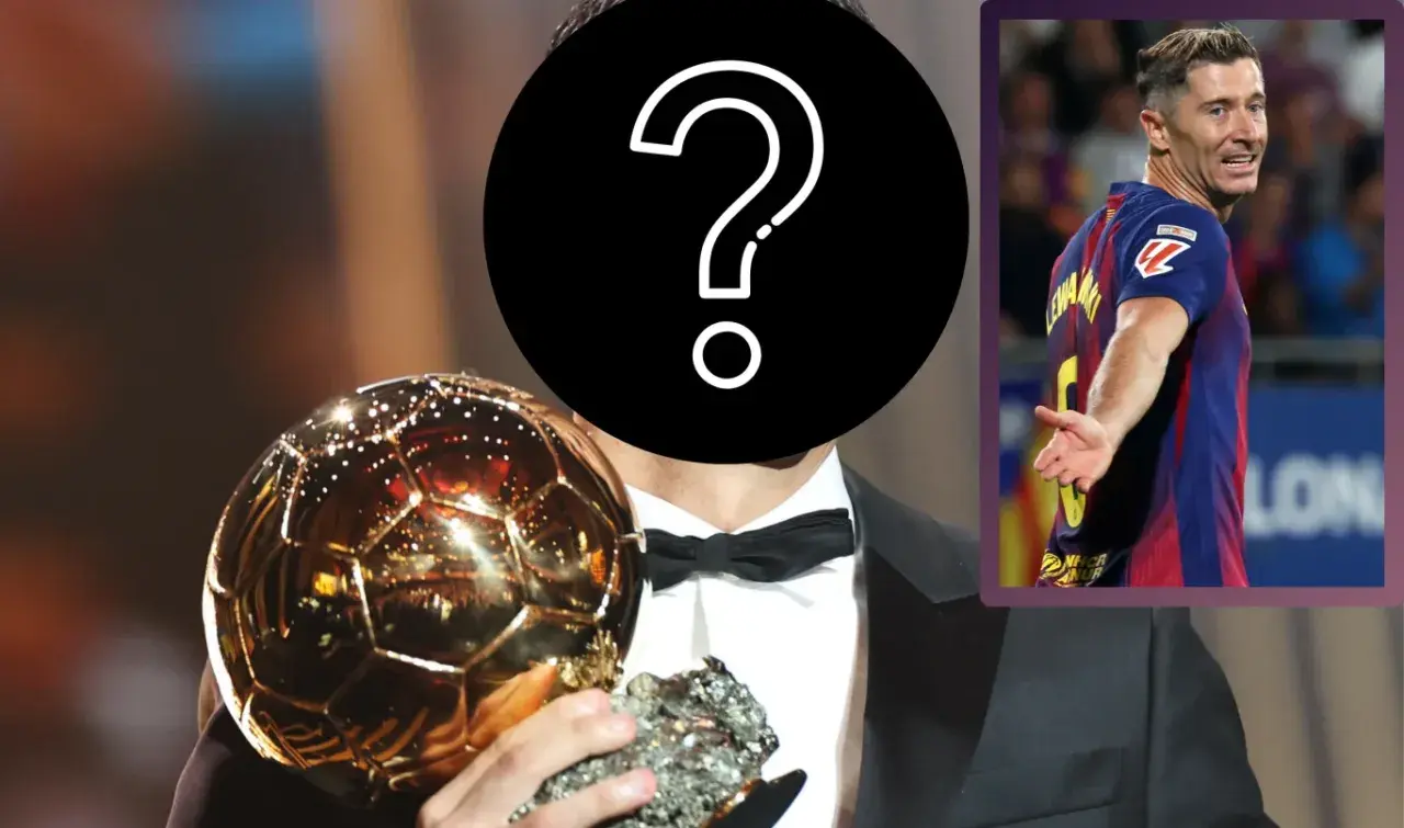 Kto zasłużył na Złotą Piłkę? Robert Lewandowski w garniturze z trofeum i w stroju FC Barcelony.