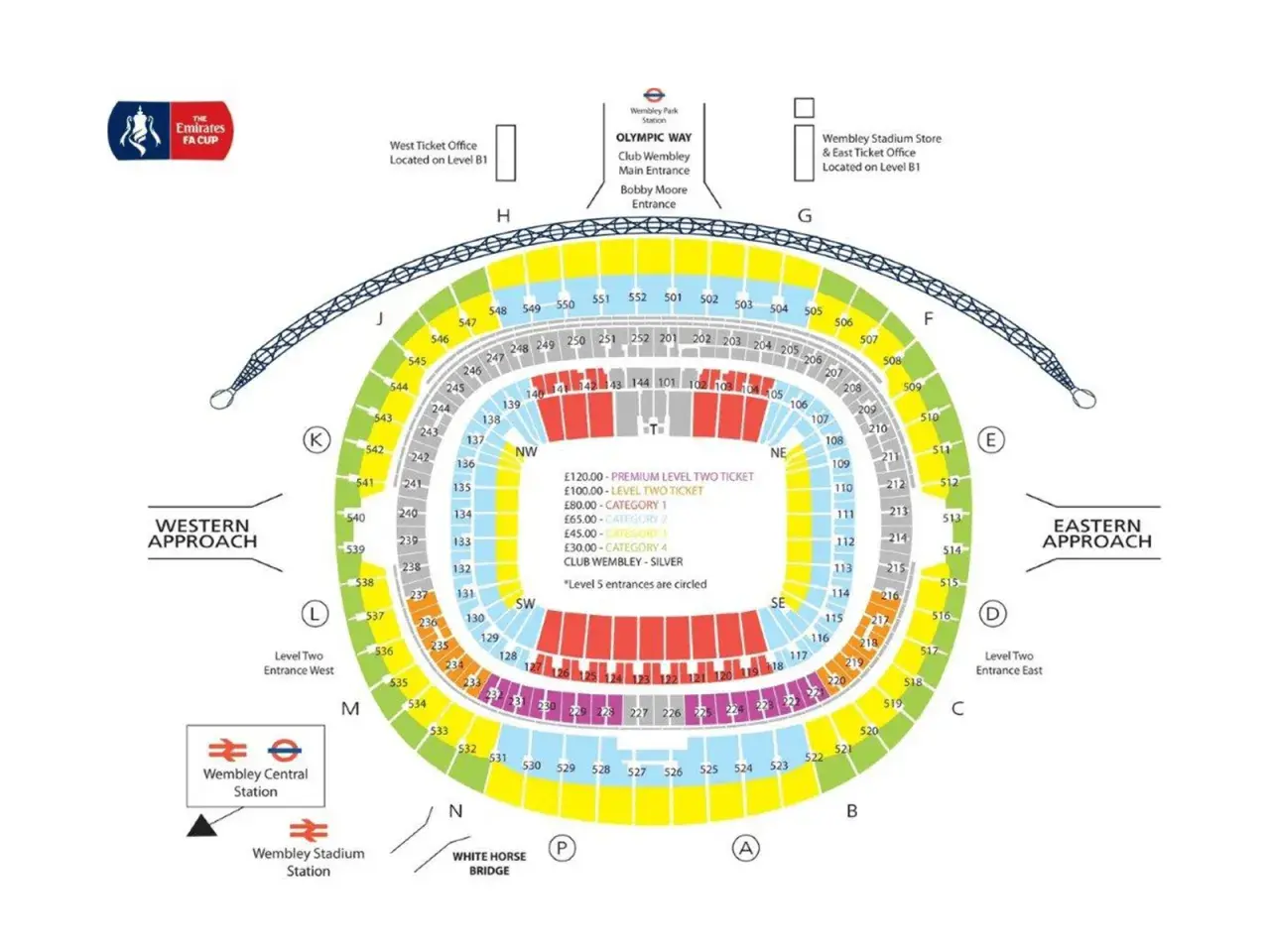 Mapa stadionu Wembley z zaznaczonymi sektorami i cenami biletów.