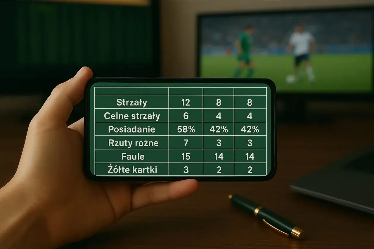 Tabela statystyk meczowych, przypominająca ligę holenderską, wyświetlana na ekranie telefonu.