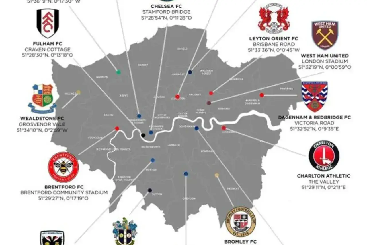 Mapa Londynu z zaznaczonymi stadionami piłkarzy z Londynu, m.in. Fulham FC, Chelsea FC, West Ham United.