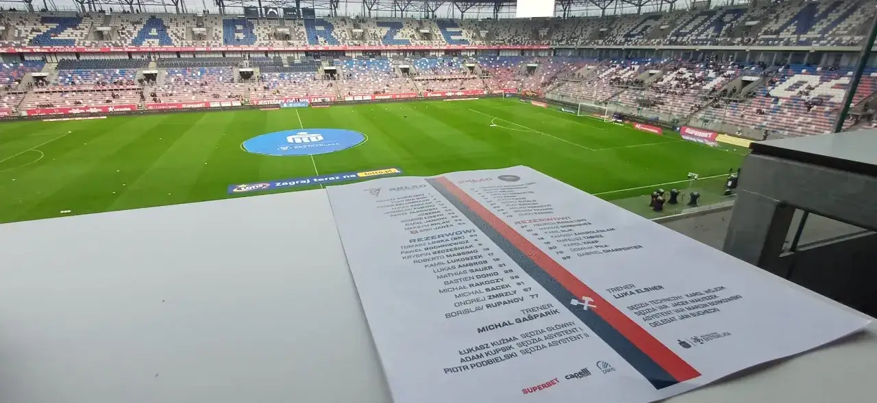 Składy: Górnik Zabrze – Cracovia. Widok na stadion i listę zawodników obu drużyn przed meczem.